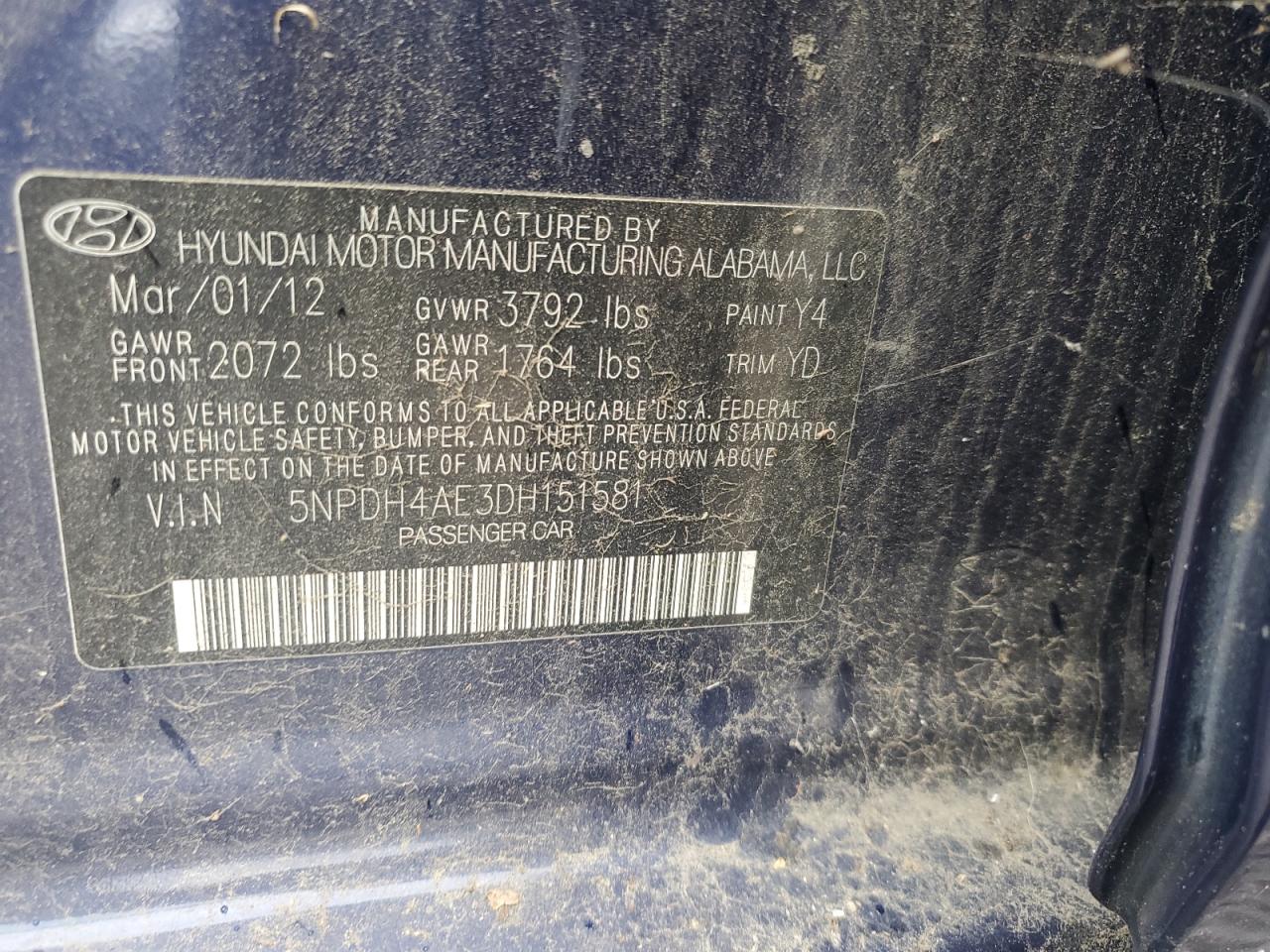2013 Hyundai Elantra Gls VIN: 5NPDH4AE3DH151581 Lot: 82577665