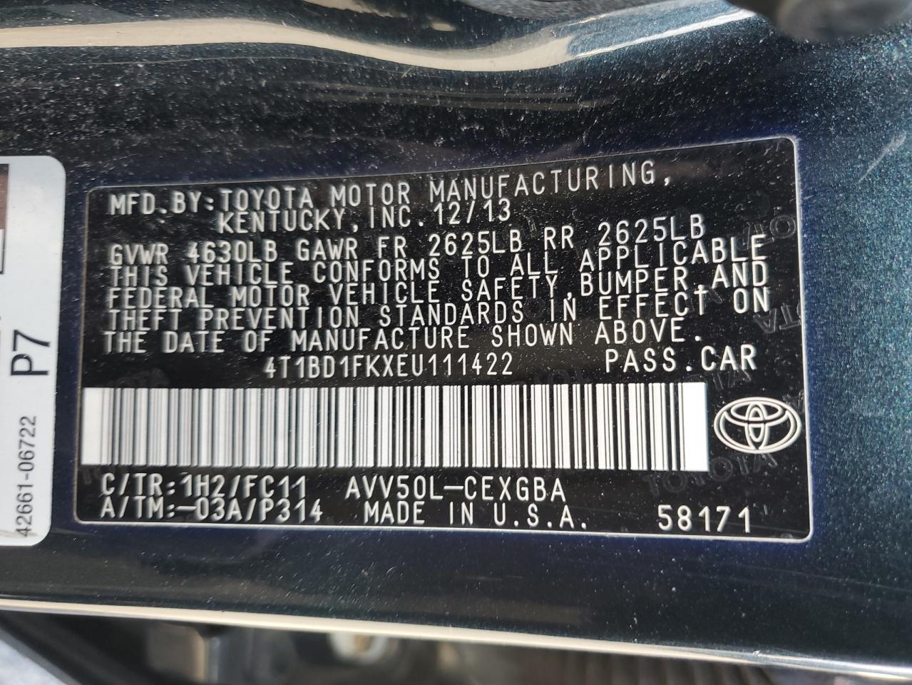 2014 Toyota Camry Hybrid VIN: 4T1BD1FKXEU111422 Lot: 82241395