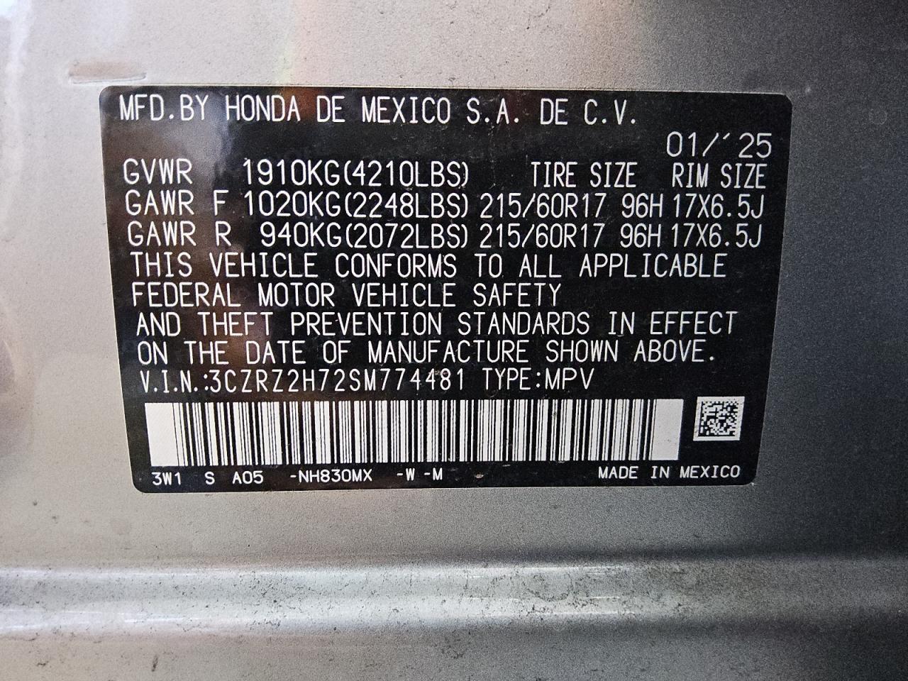 2025 Honda Hr-V Exl VIN: 3CZRZ2H72SM774481 Lot: 85272755
