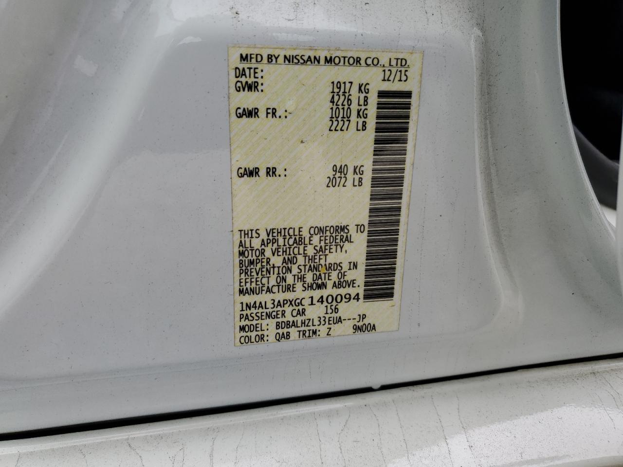 2016 Nissan Altima 2.5 VIN: 1N4AL3APXGC140094 Lot: 85134905