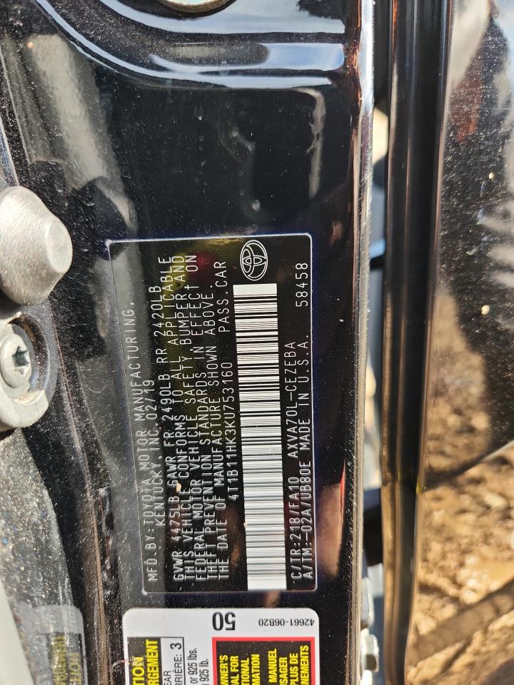 2019 Toyota Camry L VIN: 4T1B11HK3KU753160 Lot: 85645045