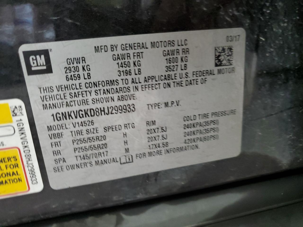 2017 Chevrolet Traverse Lt VIN: 1GNKVGKD8HJ299933 Lot: 85932945