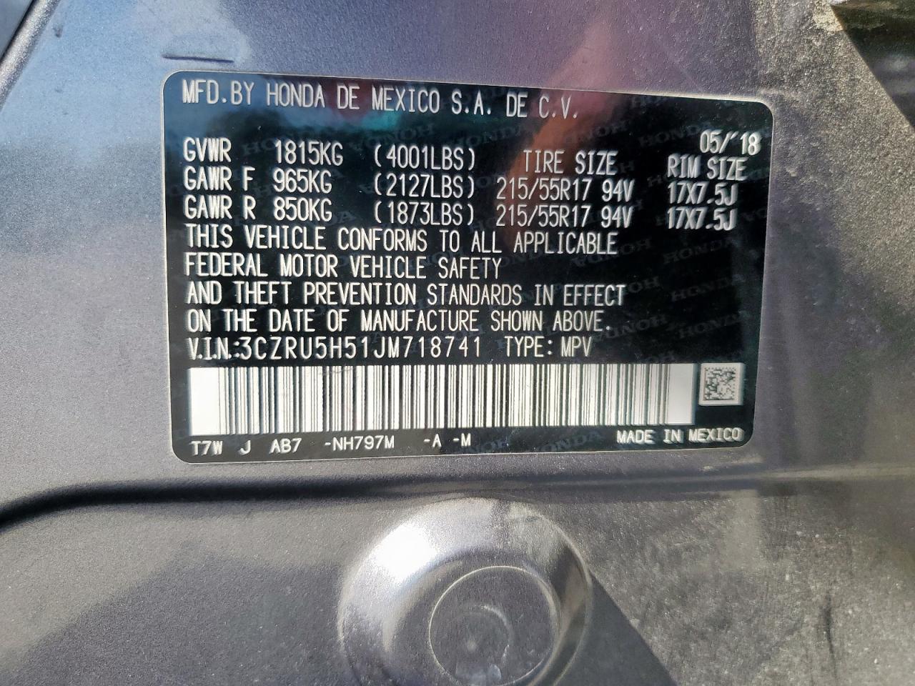 2018 Honda Hr-V Ex VIN: 3CZRU5H51JM718741 Lot: 85467615