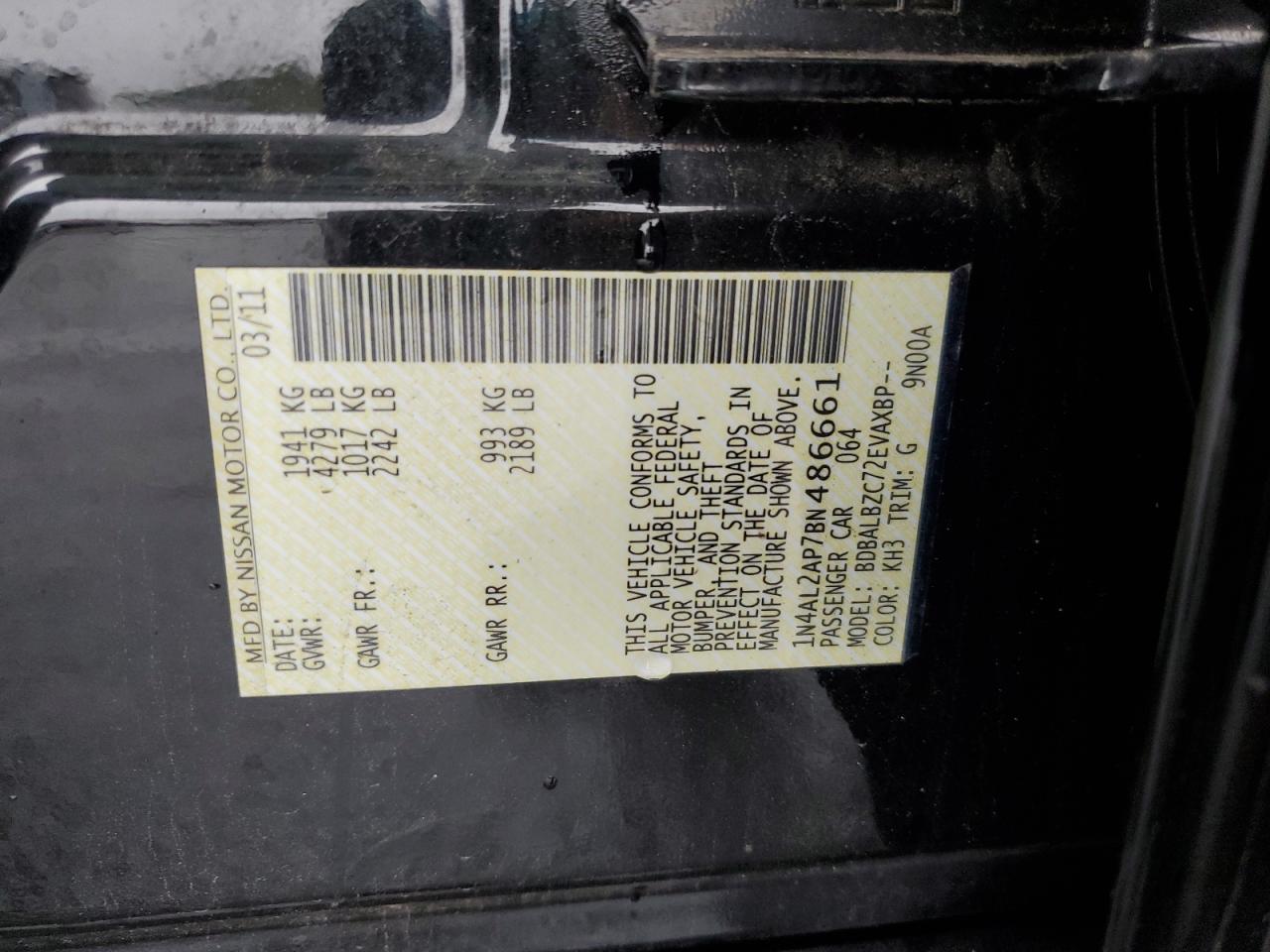 2011 Nissan Altima Base VIN: 1N4AL2AP7BN486661 Lot: 85725555