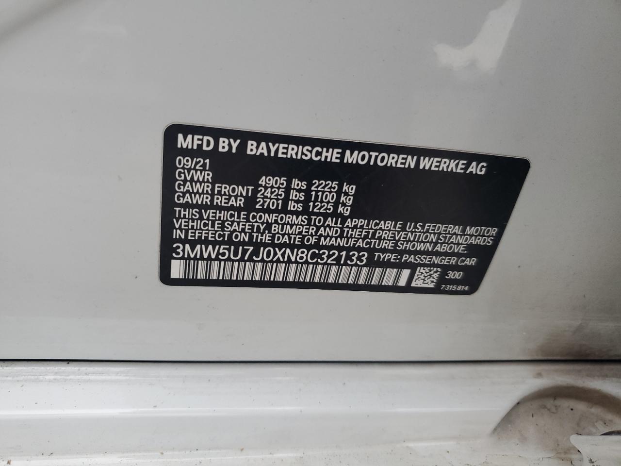 2022 BMW M340I VIN: 3MW5U7J0XN8C32133 Lot: 82504335