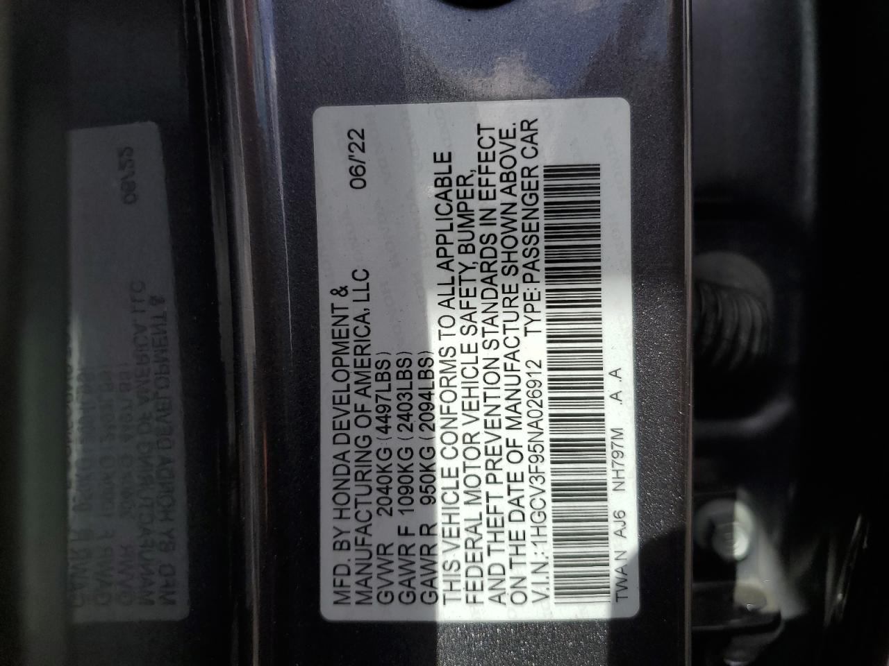 2022 Honda Accord Touring Hybrid VIN: 1HGCV3F95NA026912 Lot: 84779135