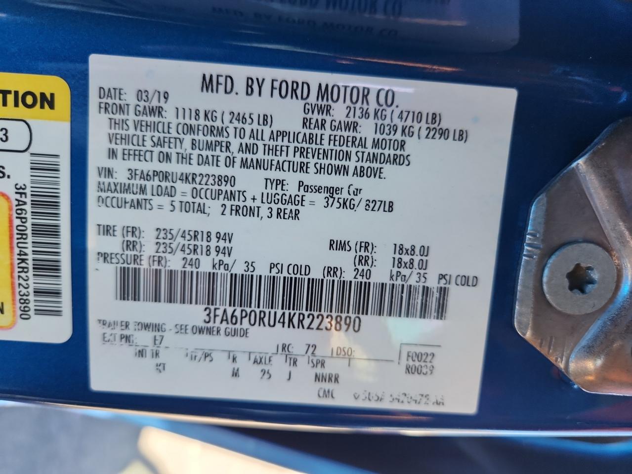 2019 Ford Fusion Titanium VIN: 3FA6P0RU4KR223890 Lot: 82164035