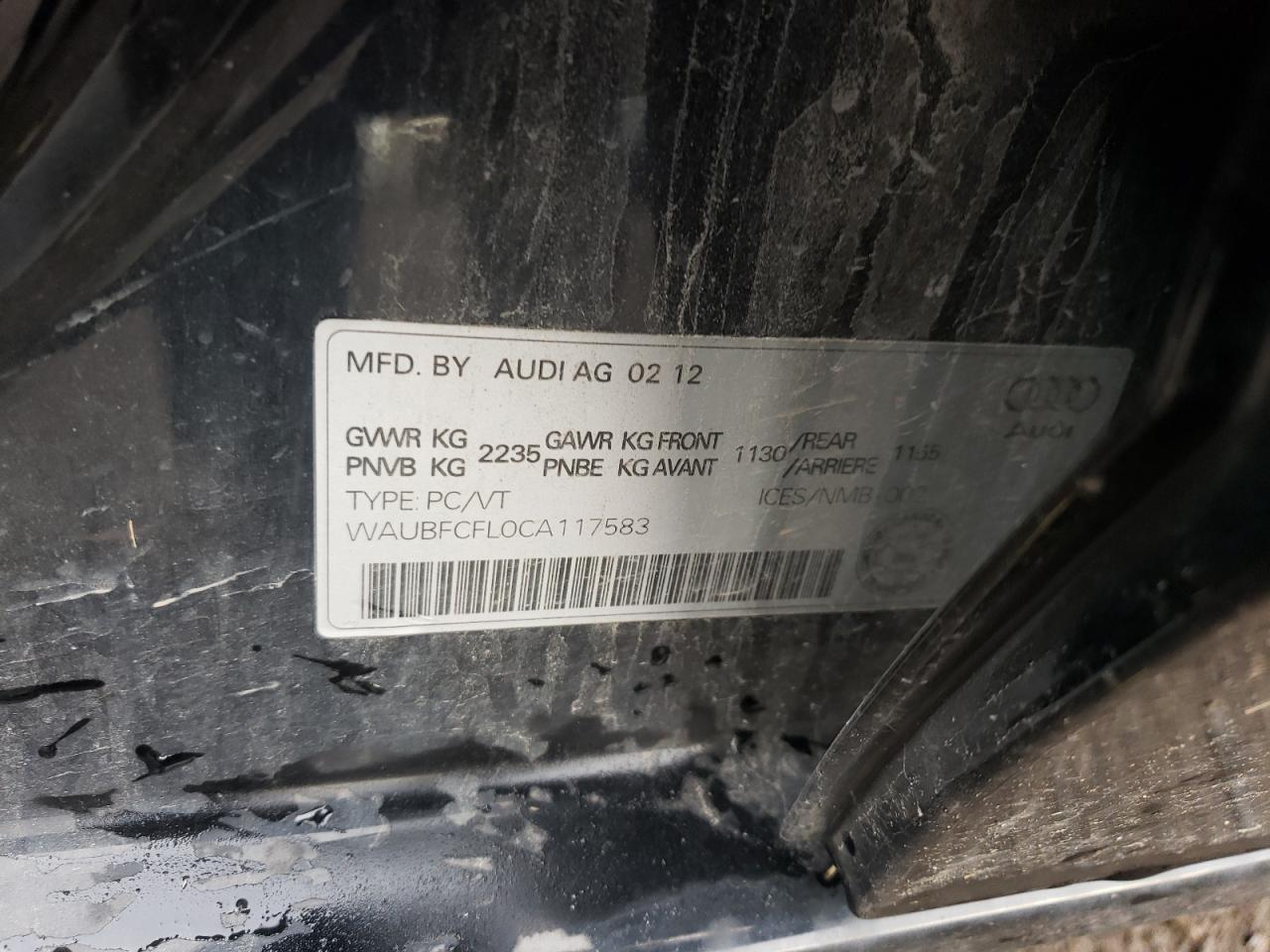 2012 Audi A4 Premium VIN: WAUBFCFL0CA117583 Lot: 87268045