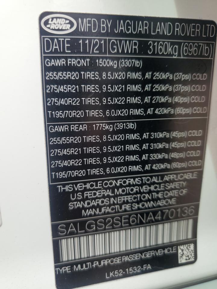 2022 Land Rover Range Rover Westminster Edition VIN: SALGS2SE6NA470136 Lot: 90884765