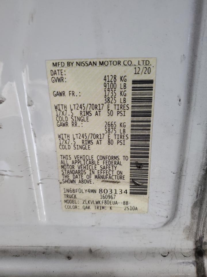 2021 Nissan Nv 2500 S VIN: 1N6BF0LY4MN803134 Lot: 85838695