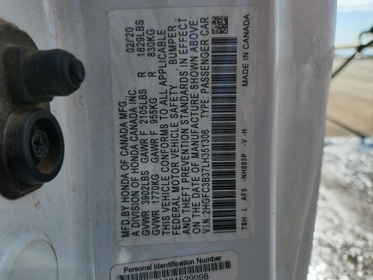 2020 Honda Civic Ex VIN: 2HGFC3B37LH351306 Lot: 85573685