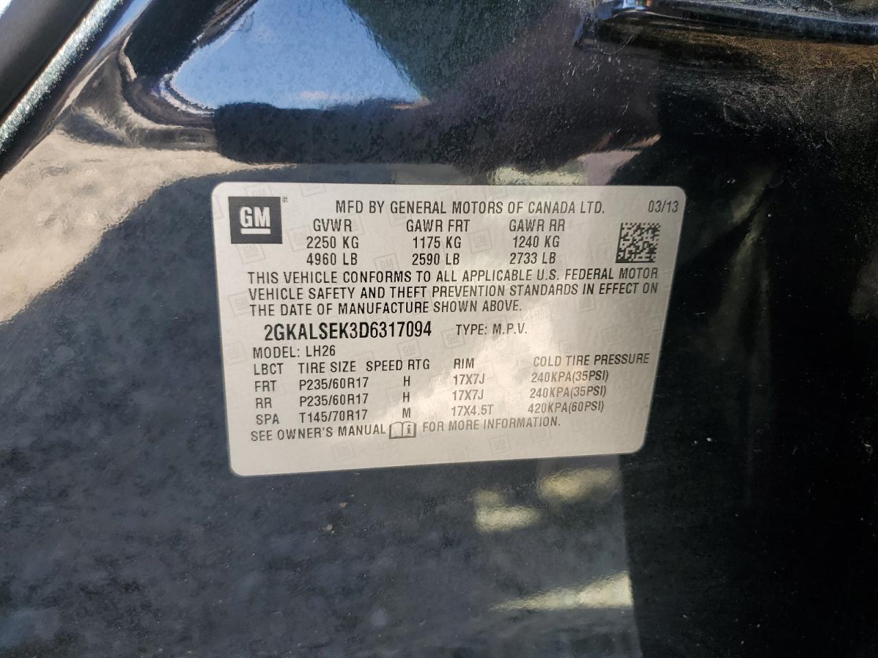 2013 GMC Terrain Sle VIN: 2GKALSEK3D6317094 Lot: 84818005