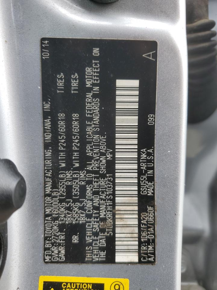 2015 Toyota Highlander Le VIN: 5TDBKRFH1FS103731 Lot: 86130055