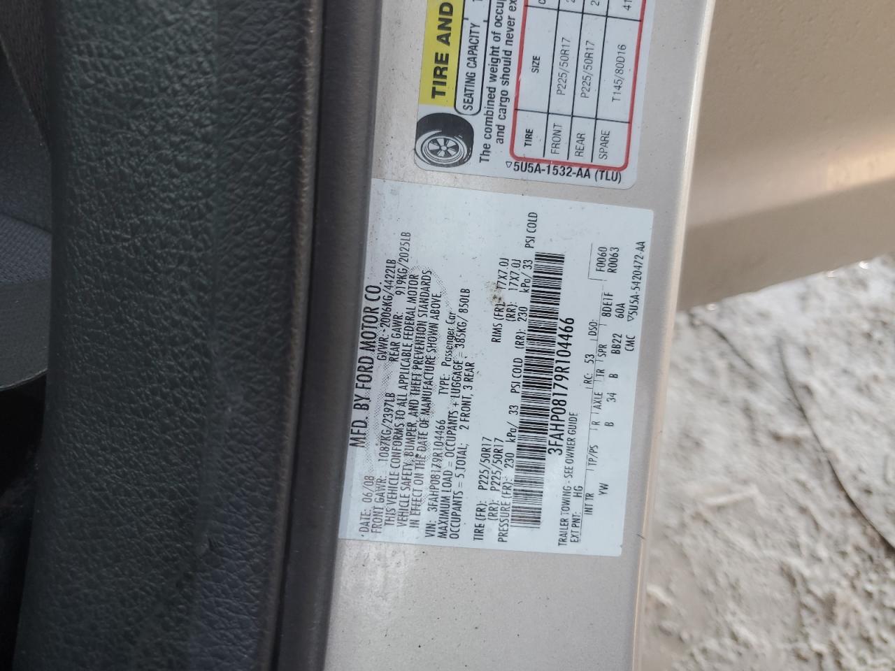 2009 Ford Fusion Sel VIN: 3FAHP08179R104466 Lot: 90669005