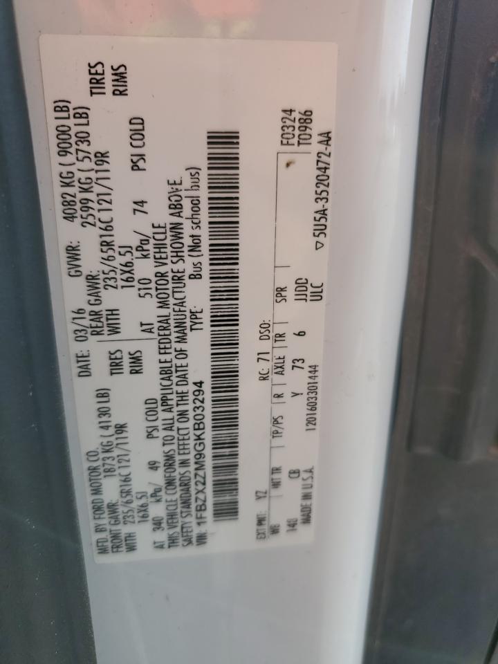 2016 Ford Transit T-350 VIN: 1FBZX2ZM9GKB03294 Lot: 85669955