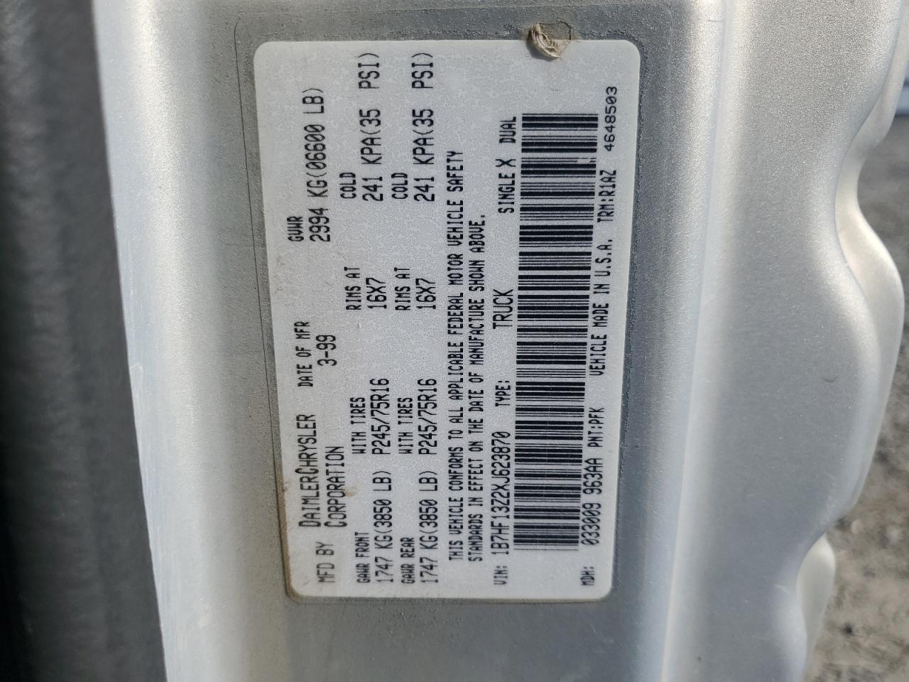 1999 Dodge Ram 1500 VIN: 1B7HF13Z2XJ623870 Lot: 85717145