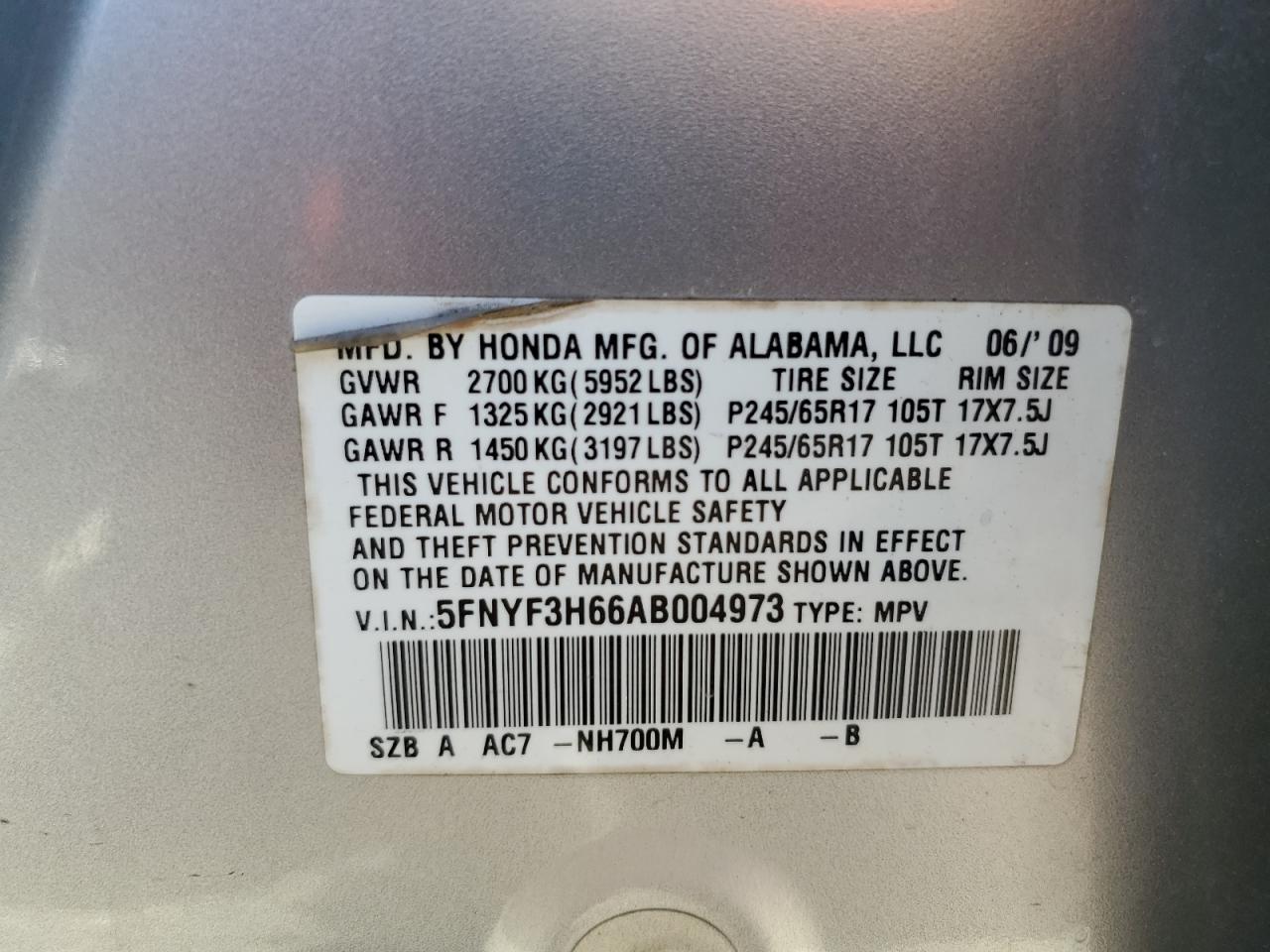 2010 Honda Pilot Exl VIN: 5FNYF3H66AB004973 Lot: 84061395