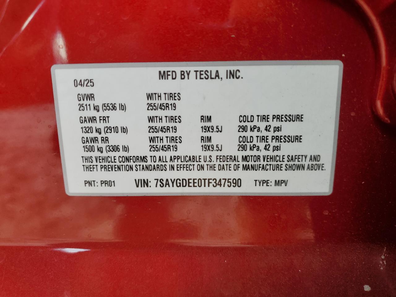 2026 Tesla Model Y VIN: 7SAYGDEE0TF347590 Lot: 89478795