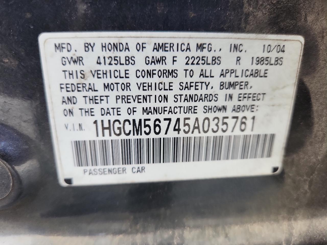 2005 Honda Accord Ex VIN: 1HGCM56745A035761 Lot: 84776485