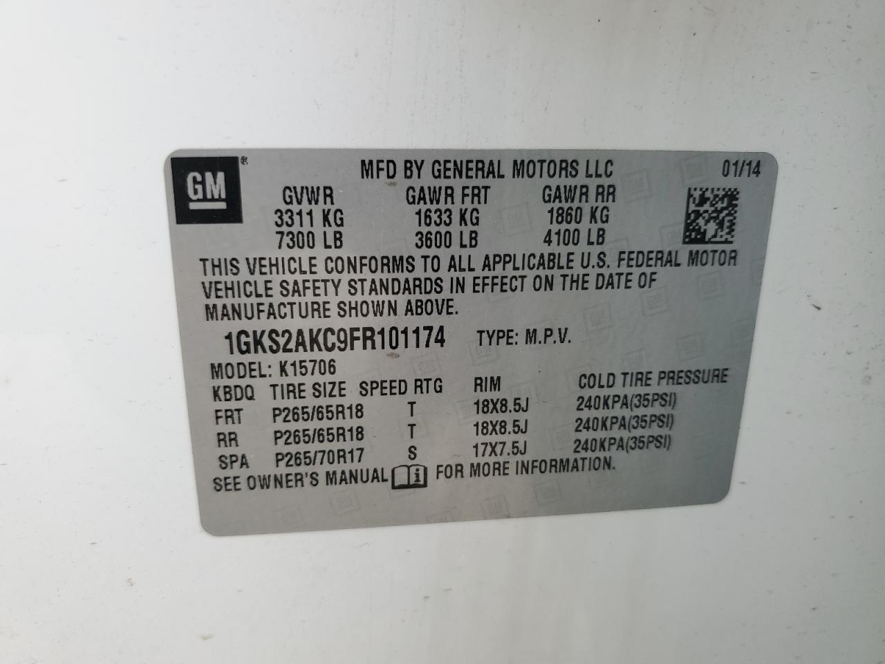 2015 GMC Yukon Sle VIN: 1GKS2AKC9FR101174 Lot: 89608695