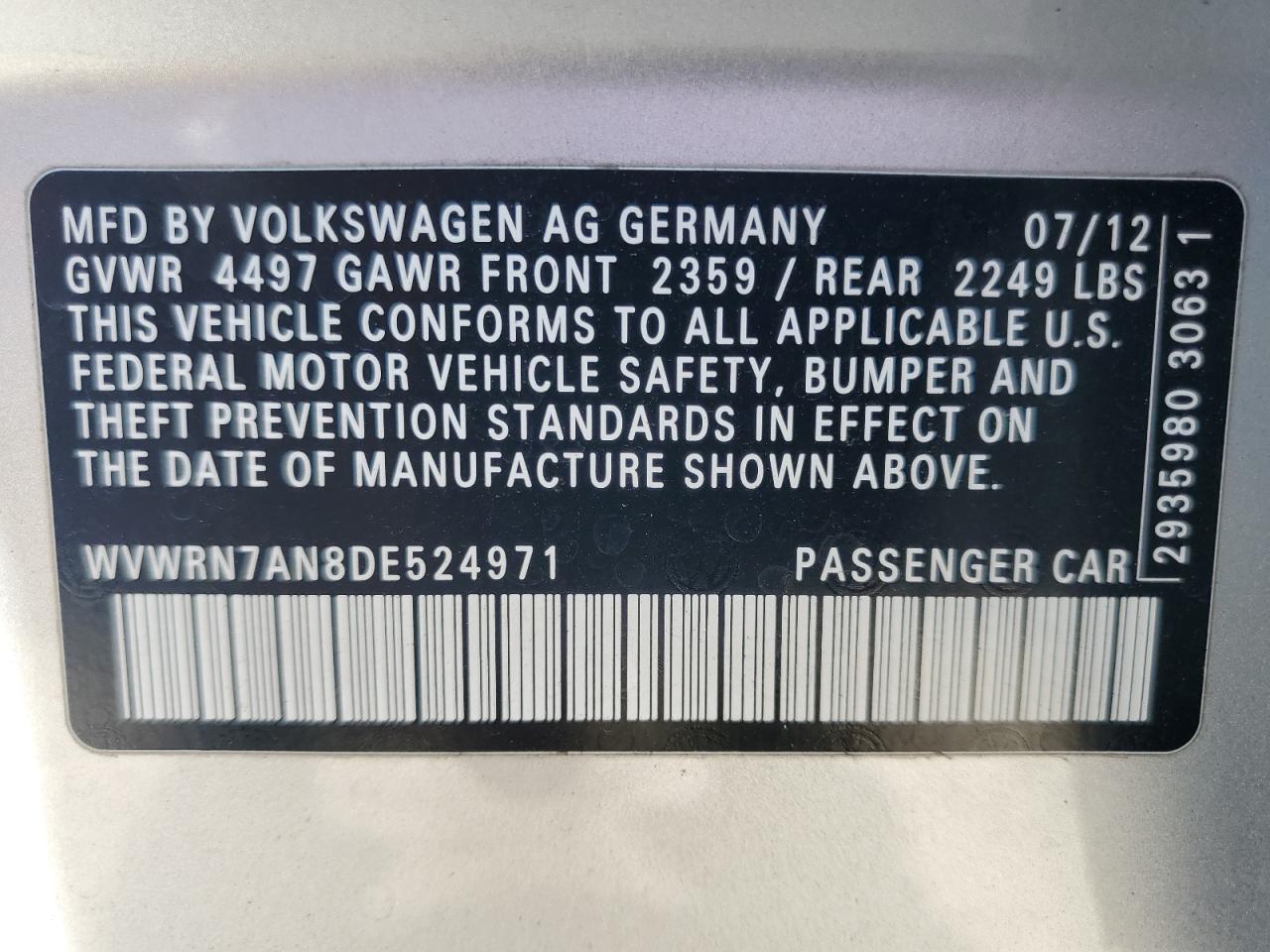 2013 Volkswagen Cc Luxury VIN: WVWRN7AN8DE524971 Lot: 86243865