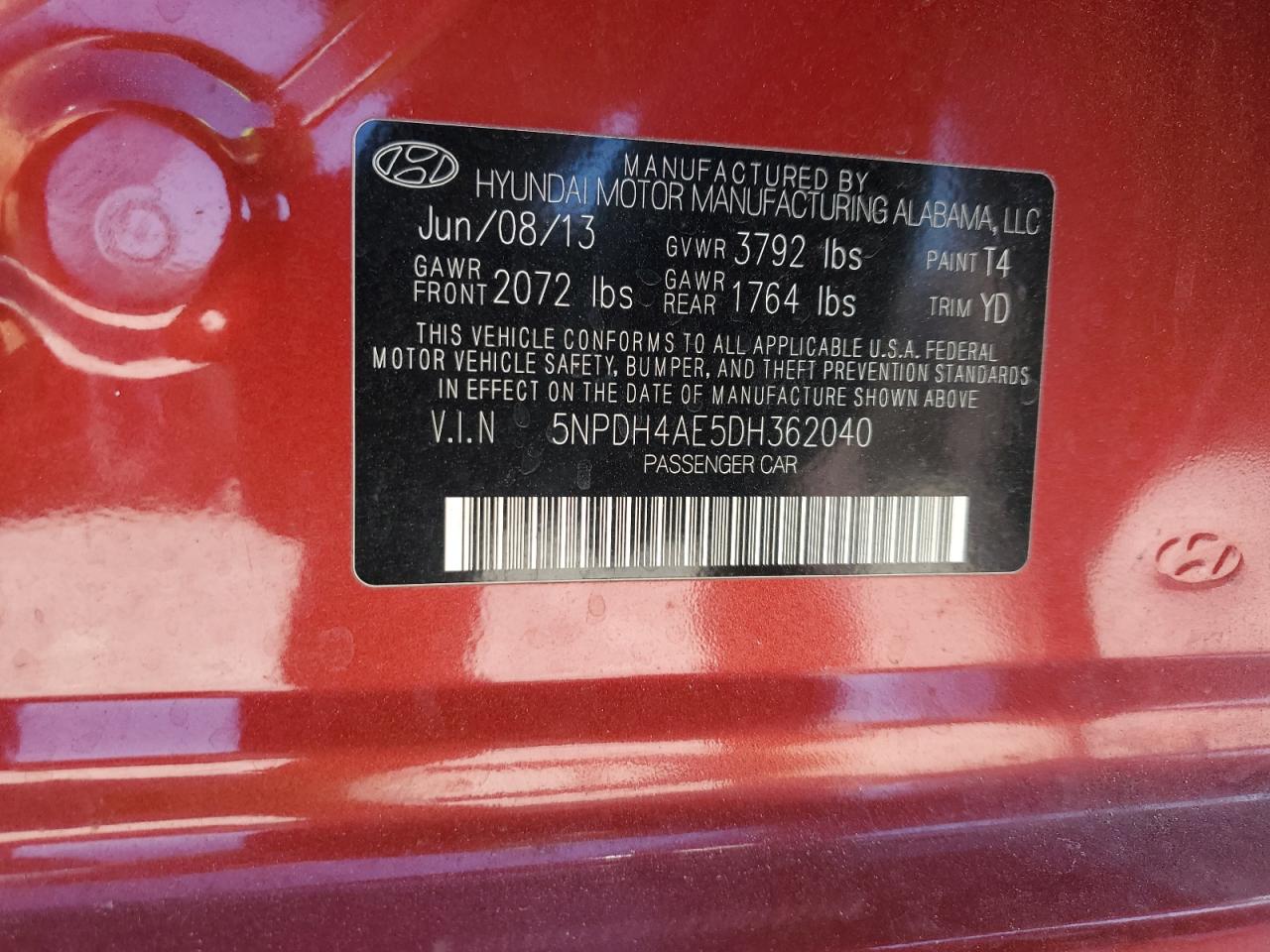 2013 Hyundai Elantra Gls VIN: 5NPDH4AE5DH362040 Lot: 85203375