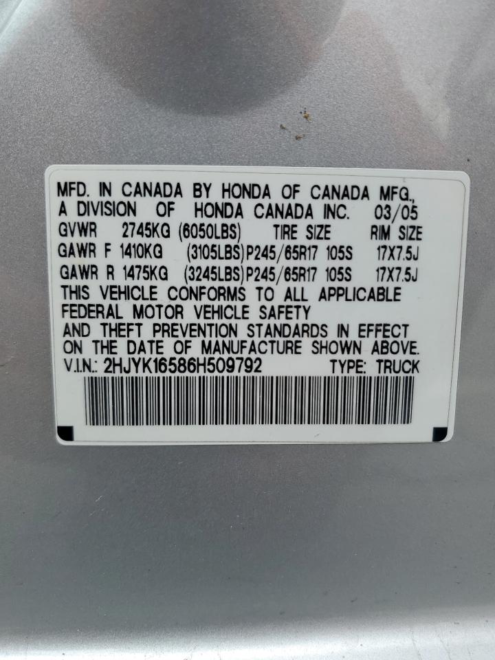 2006 Honda Ridgeline Rtl VIN: 2HJYK16586H509792 Lot: 82212715