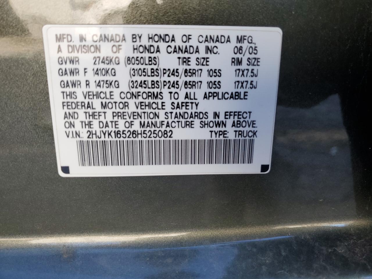 2006 Honda Ridgeline Rtl VIN: 2HJYK16526H525082 Lot: 85379705