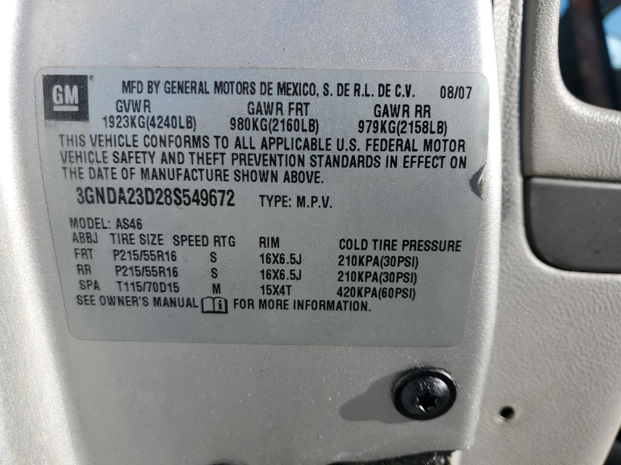 2008 Chevrolet Hhr Lt VIN: 3GNDA23D28S549672 Lot: 82368585