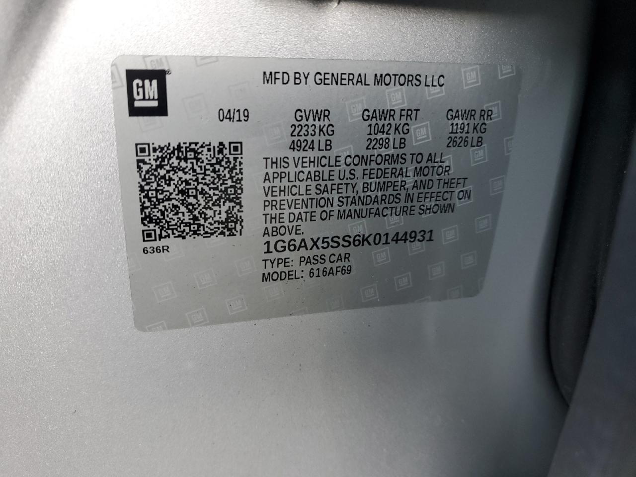 2019 Cadillac Cts Luxury VIN: 1G6AX5SS6K0144931 Lot: 89636435