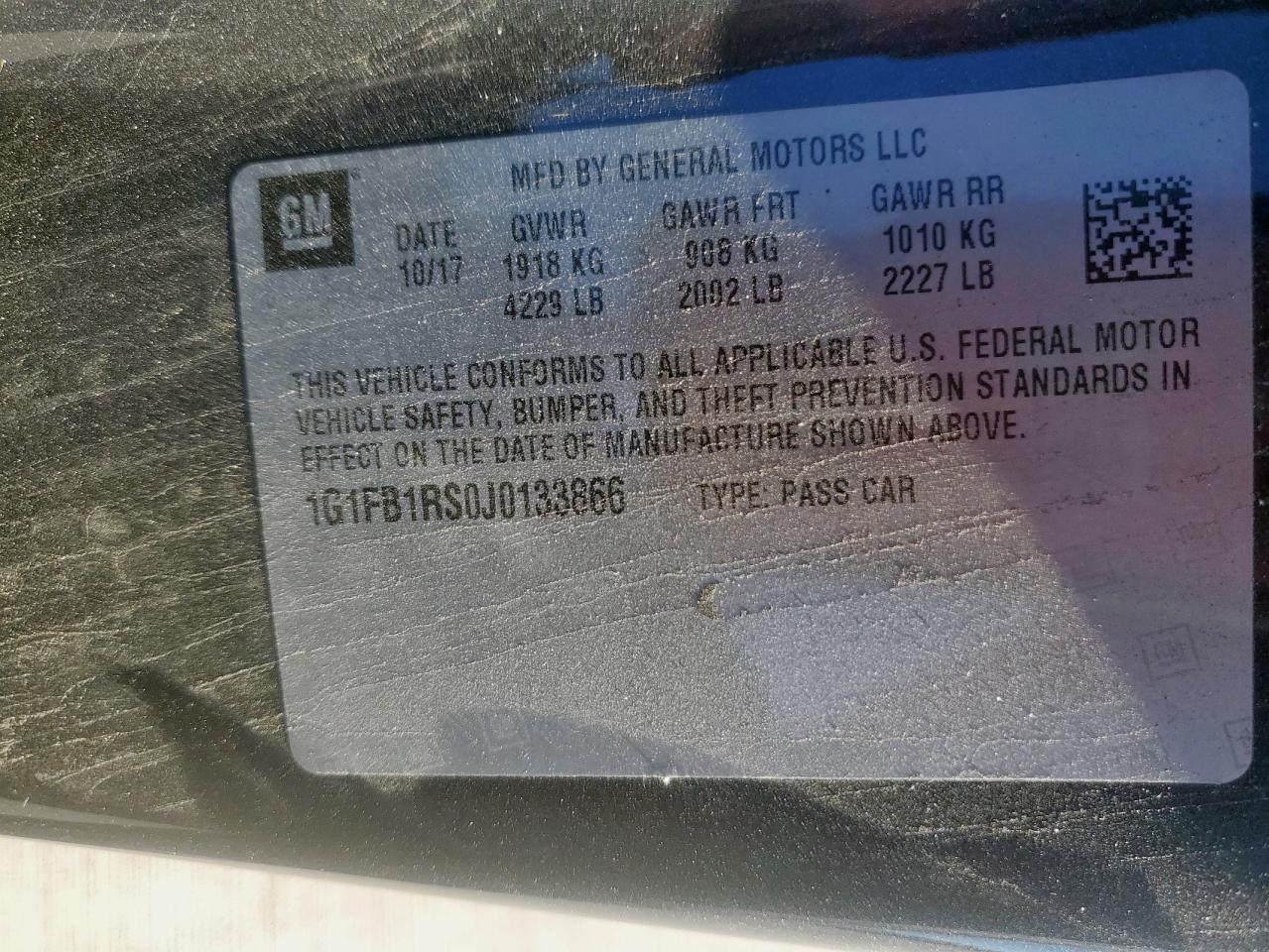 2018 Chevrolet Camaro Lt VIN: 1G1FB1RS0J0133866 Lot: 86089115