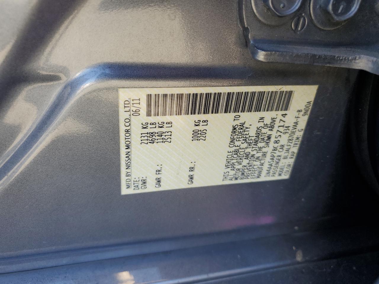 2011 Nissan Maxima S VIN: 1N4AA5AP7BC857174 Lot: 87346175