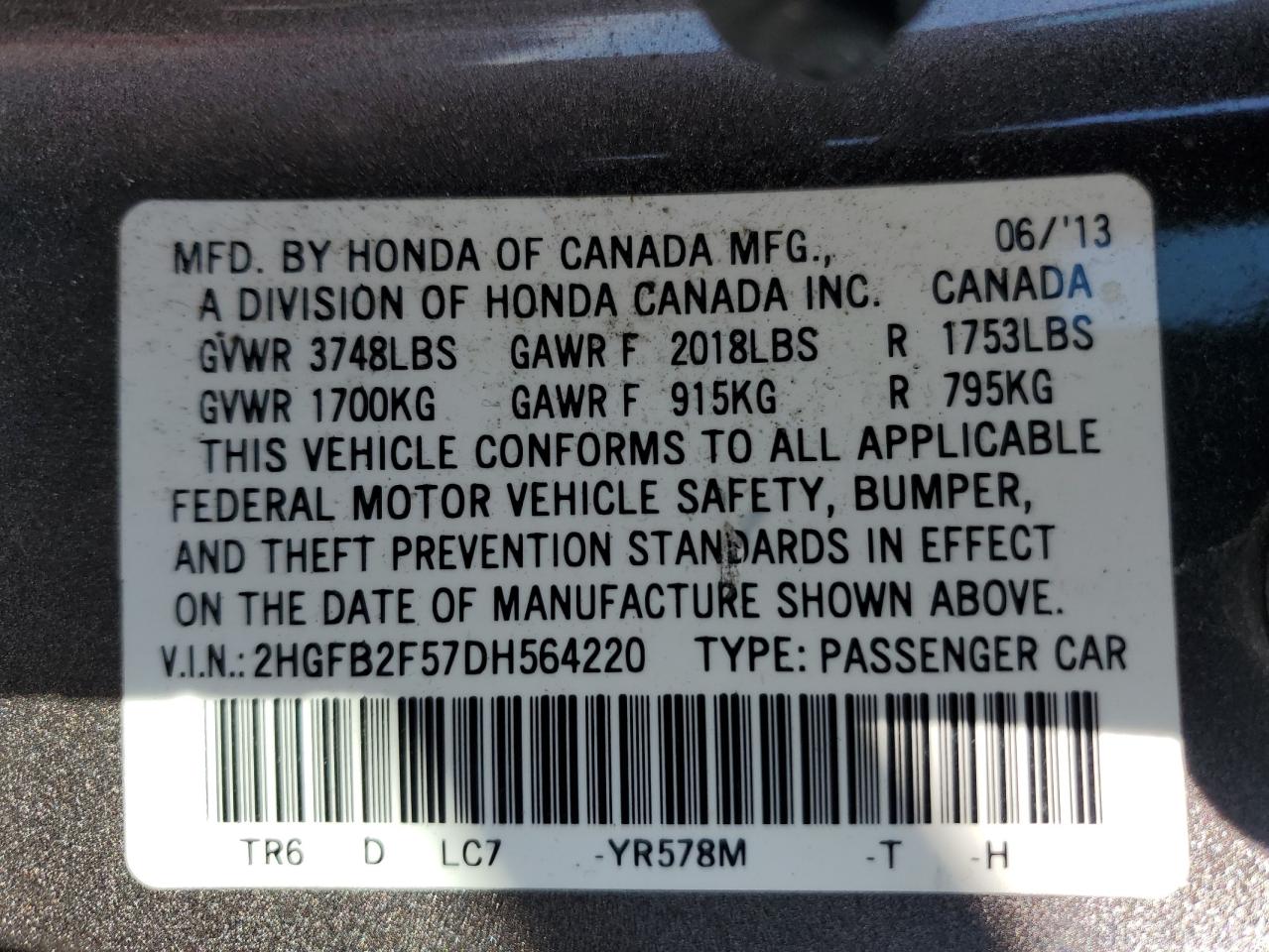 2013 Honda Civic Lx VIN: 2HGFB2F57DH564220 Lot: 84597625