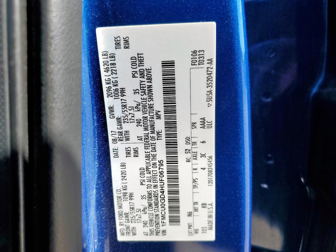 2017 Ford Escape Se VIN: 1FMCU0GD4HUF06795 Lot: 86187445