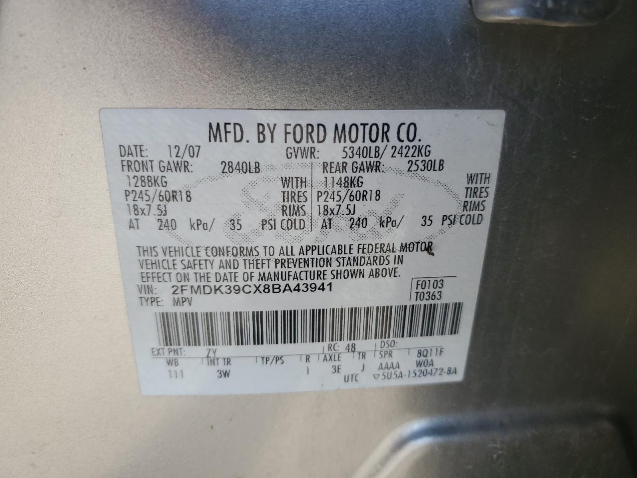 2008 Ford Edge Limited VIN: 2FMDK39CX8BA43941 Lot: 85753015