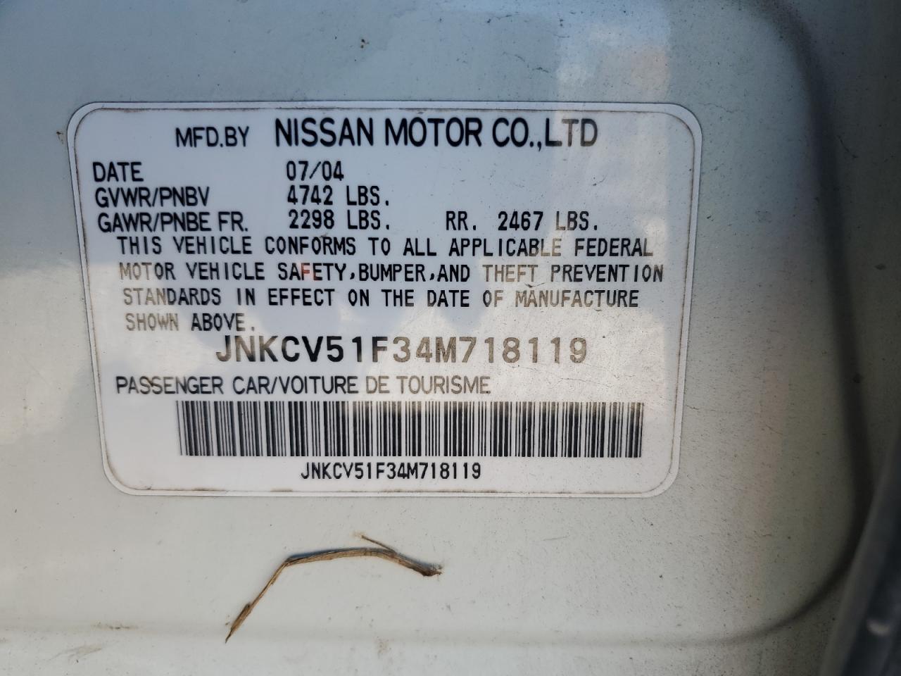2004 Infiniti G35 VIN: JNKCV51F34M718119 Lot: 86629685