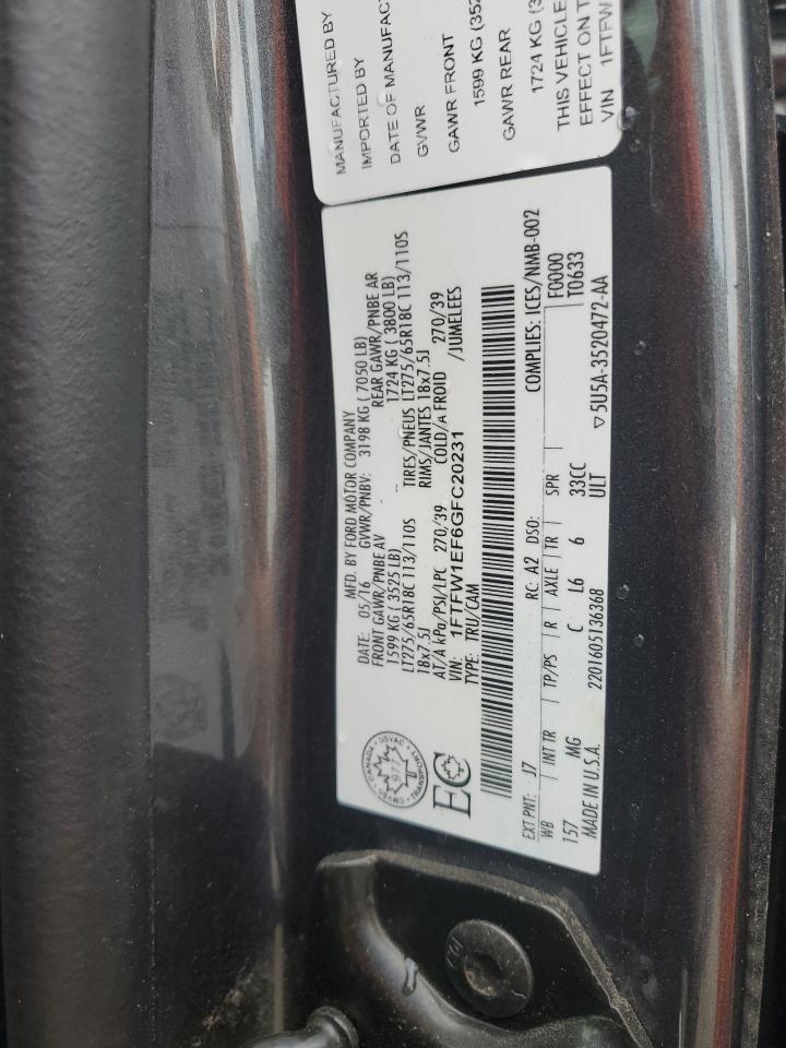 2016 Ford F150 Supercrew VIN: 1FTFW1EF6GFC20231 Lot: 85740905