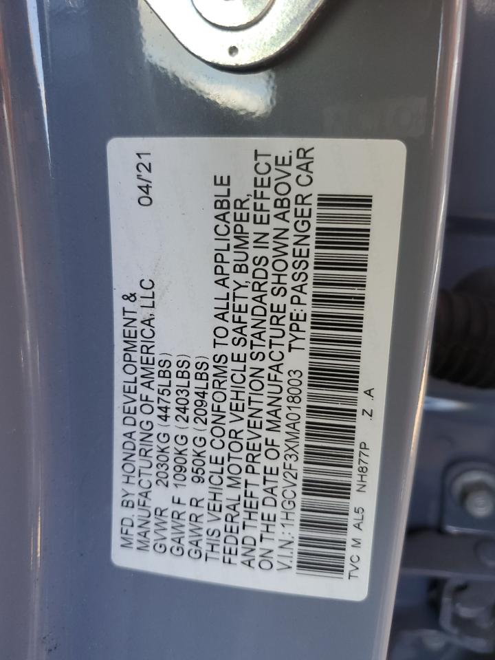 2021 Honda Accord Sport VIN: 1HGCV2F3XMA018003 Lot: 82315755