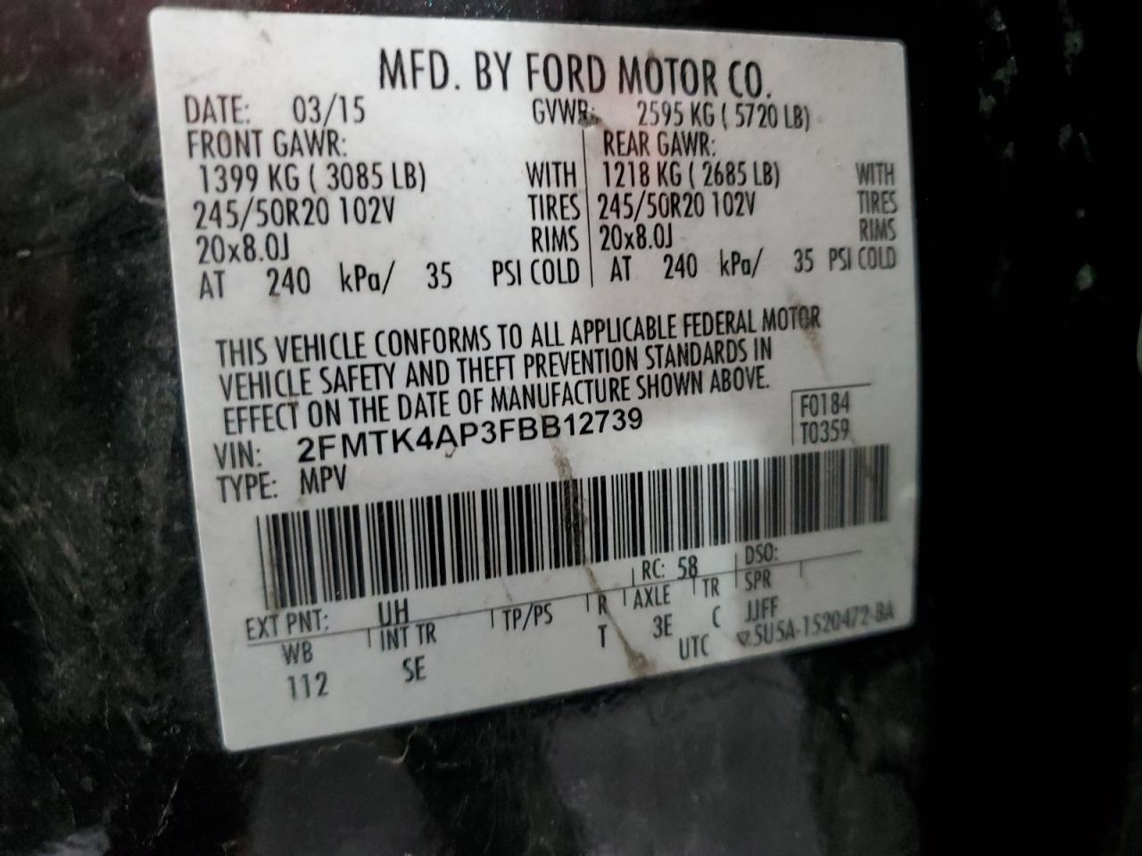 2015 Ford Edge Sport VIN: 2FMTK4AP3FBB12739 Lot: 85091245