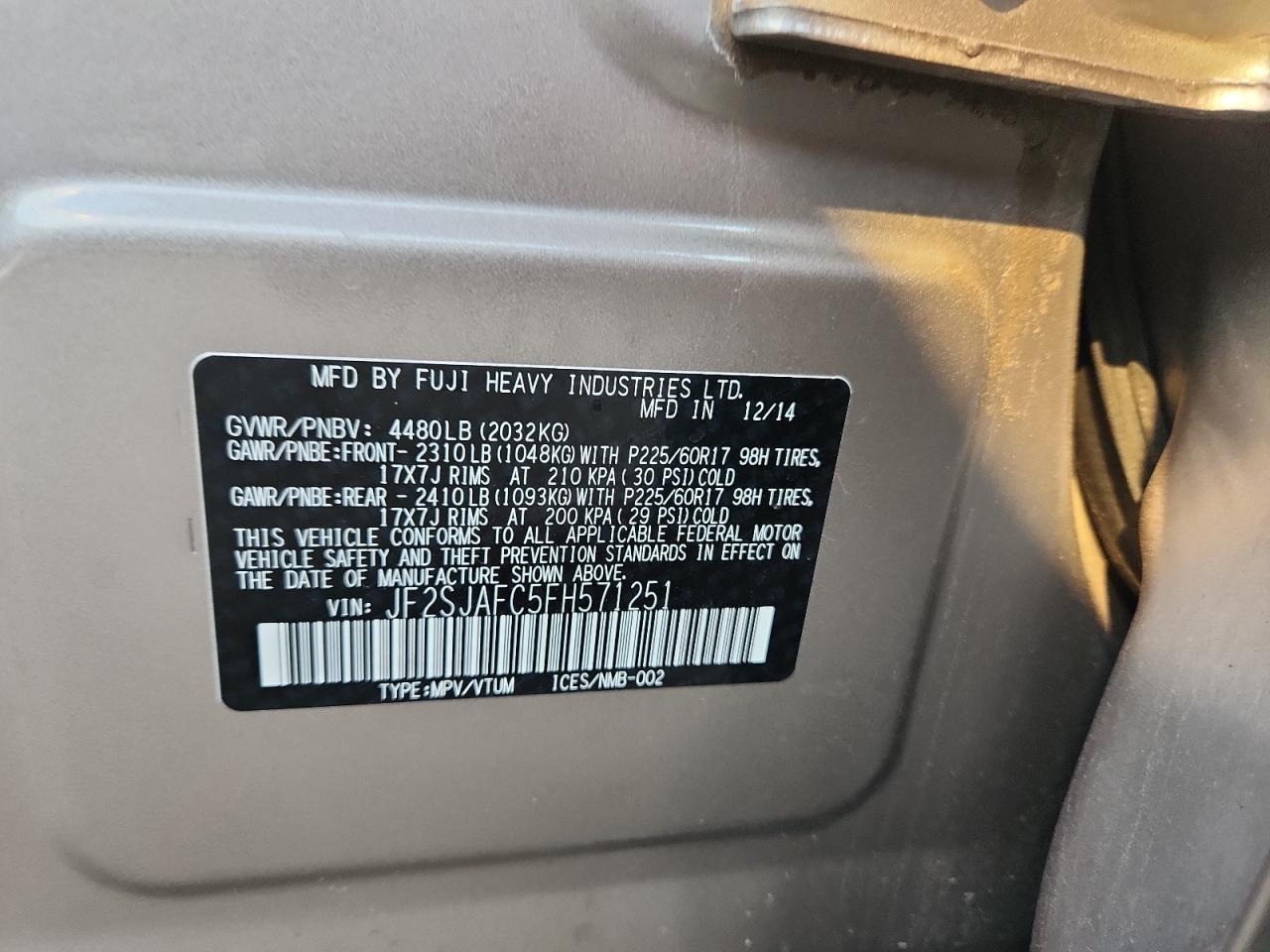 2015 Subaru Forester 2.5I Premium VIN: JF2SJAFC5FH571251 Lot: 86104205