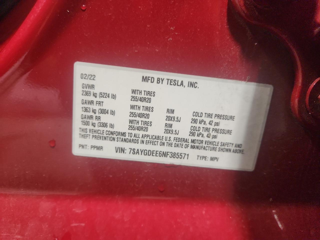 2022 Tesla Model Y VIN: 7SAYGDEE6NF385571 Lot: 85714915