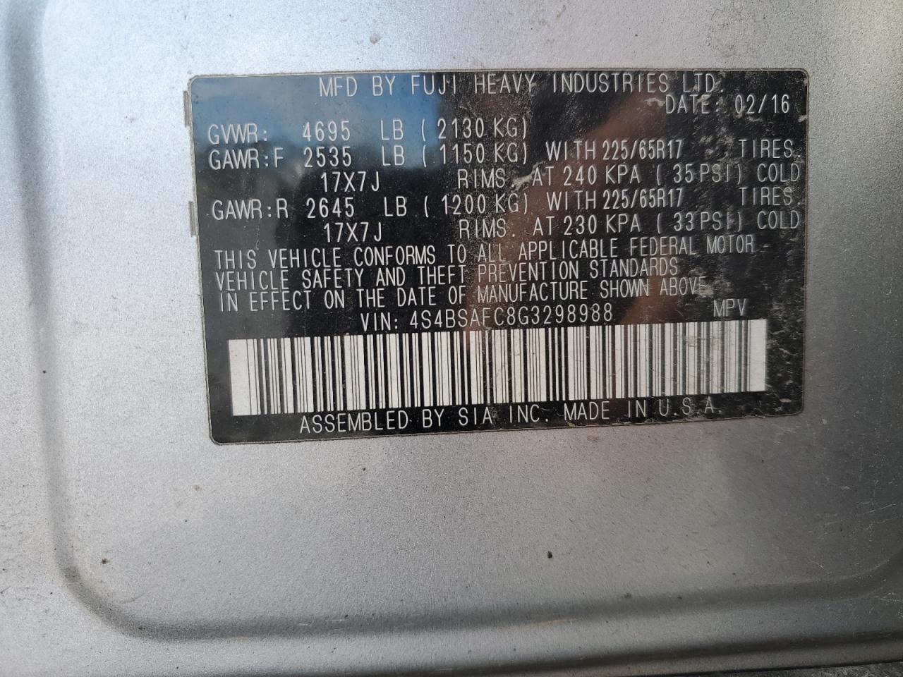 2016 Subaru Outback 2.5I Premium VIN: 4S4BSAFC8G3298988 Lot: 82308865