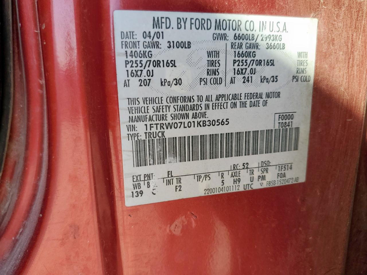 2001 Ford F150 Supercrew VIN: 1FTRW07L01KB30565 Lot: 85917475