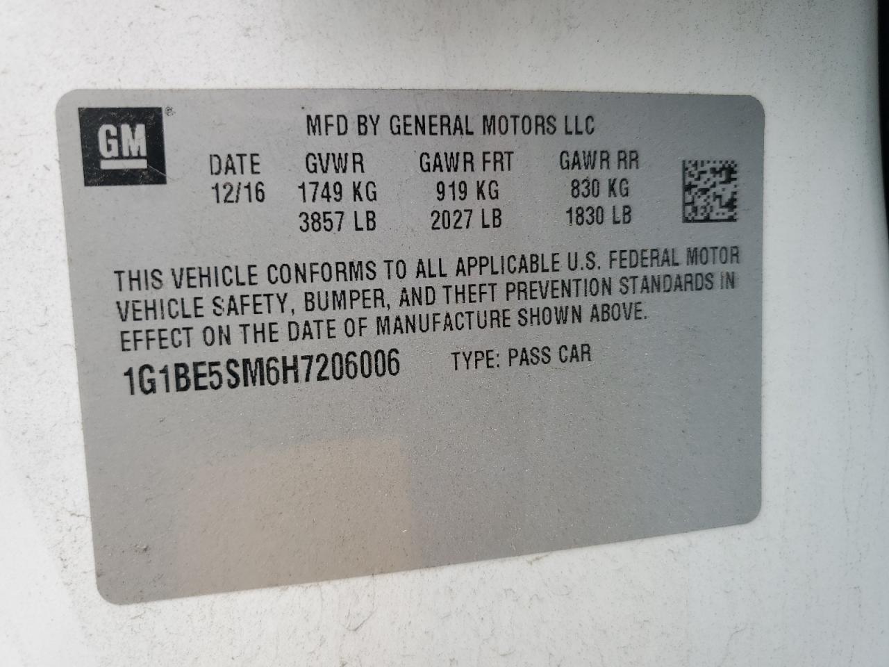 2017 Chevrolet Cruze Lt VIN: 1G1BE5SM6H7206006 Lot: 85361225