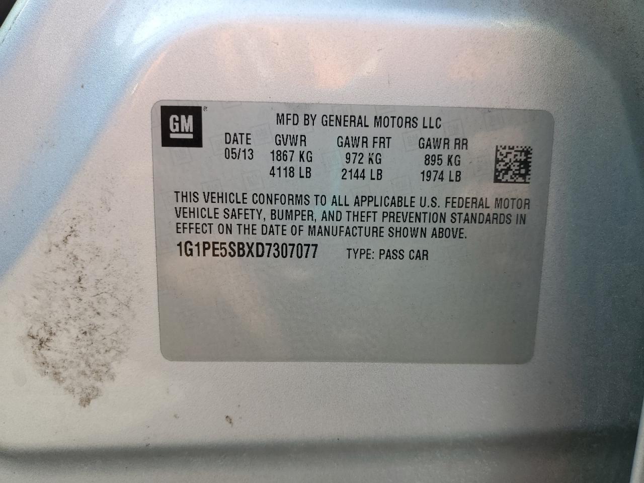 2013 Chevrolet Cruze Lt VIN: 1G1PE5SBXD7307077 Lot: 85098105