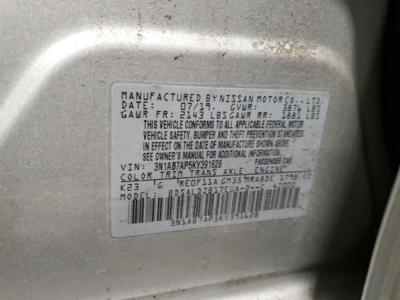 2019 Nissan Sentra S VIN: 3N1AB7AP5KY391628 Lot: 85313515