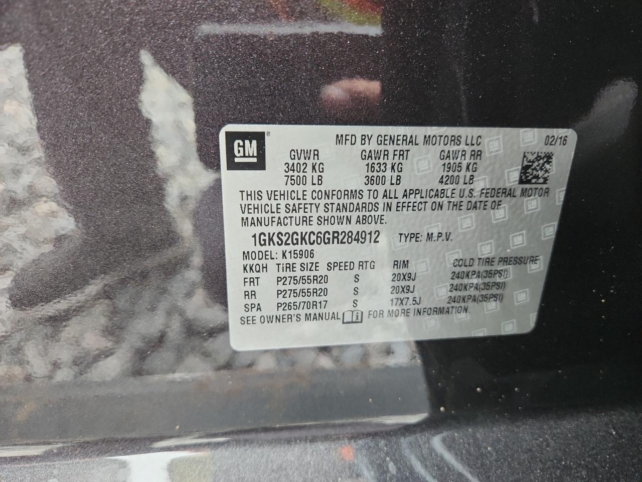 2016 GMC Yukon Xl K1500 Slt VIN: 1GKS2GKC6GR284912 Lot: 86302695