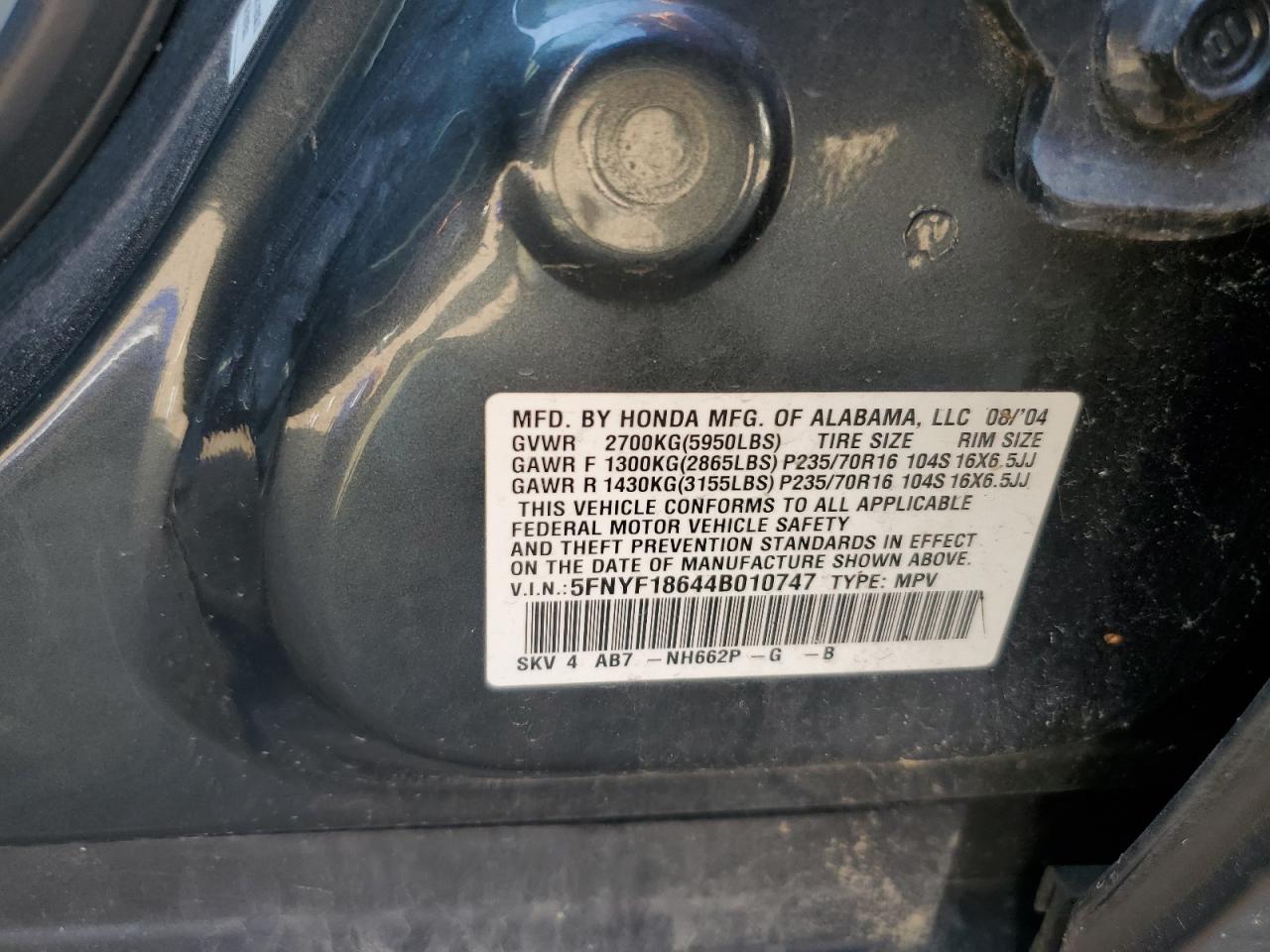 2004 Honda Pilot Exl VIN: 5FNYF18644B010747 Lot: 85091185