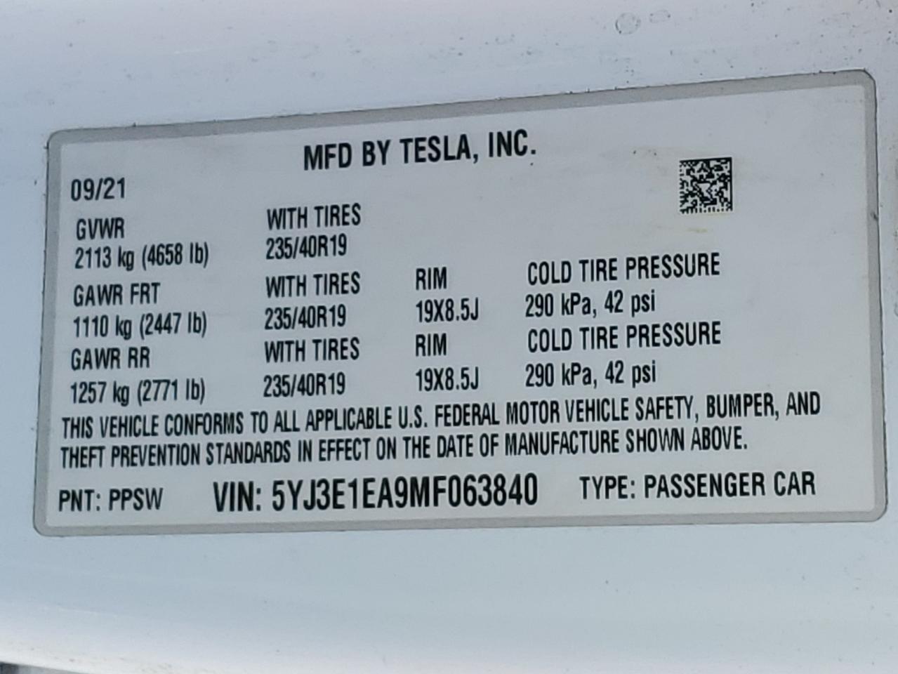 2021 Tesla Model 3 VIN: 5YJ3E1EA9MF063840 Lot: 90471995