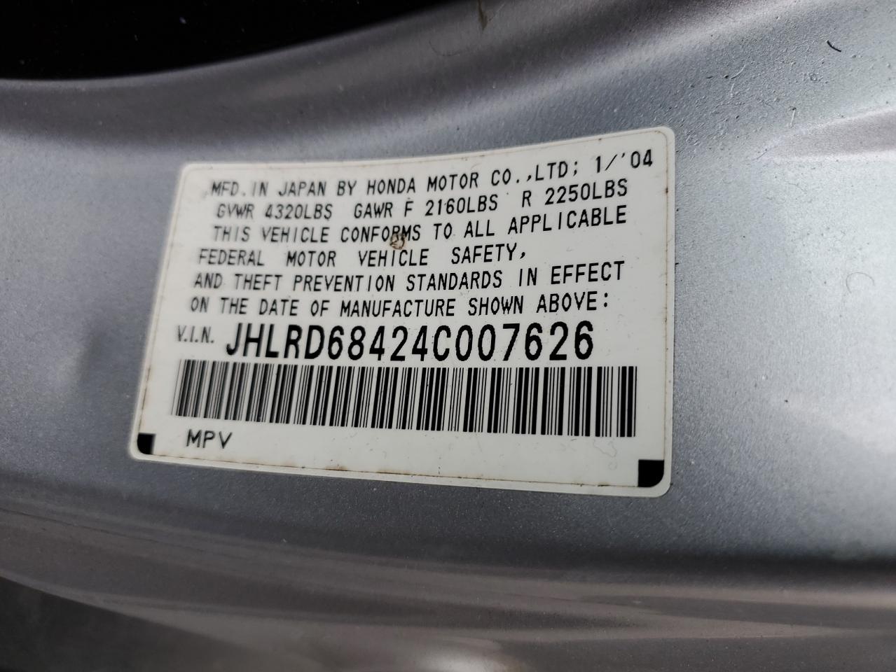 2004 Honda Cr-V Lx VIN: JHLRD68424C007626 Lot: 82466795